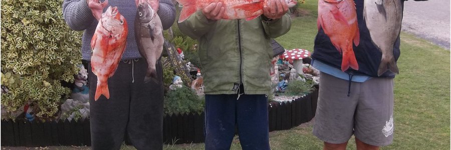 Dit kan mos net lekker wees! Van links is dit Jannie Roux, Mario Seegers en Eddie Bester wat maar lekker kan spog met die mooi vis wat hulle laas Woensdag naby die Eiland gevang het.