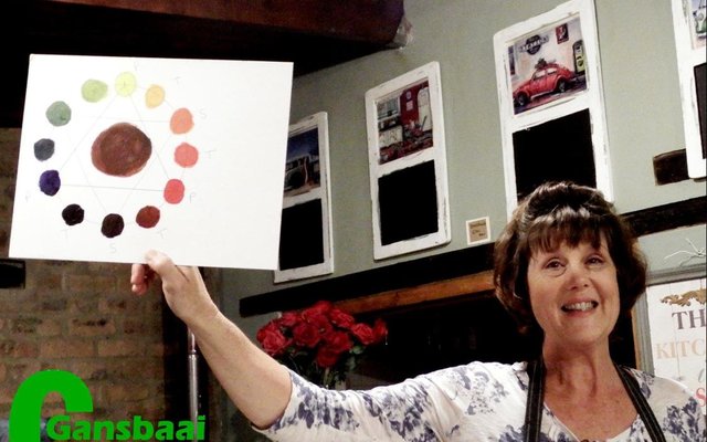 Vivienne Mconie van Stanford  vertoon hier een van die netjiese (nog onvoltooide) kleurwiele van een van Gansbaai se fotografieklublede tydens haar baie leersame aanbieding oor kleur.  