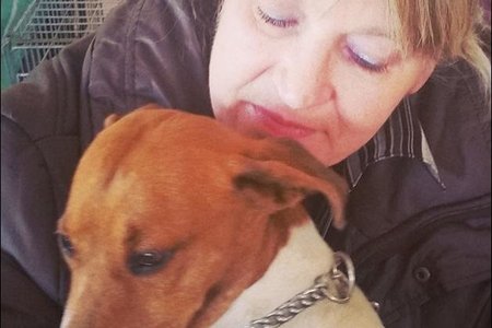 Een van die “hartseer” eienaars wat besig is om haar lieflinghondjie te troos nadat hy gesteriliseer is.