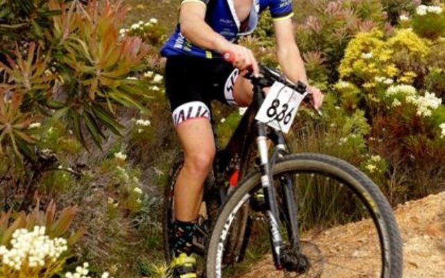 The winner of the Rockets Funky Fynbos Mountain Bike Race over 45 km – Ewald Gerber - at the halfway mark. 