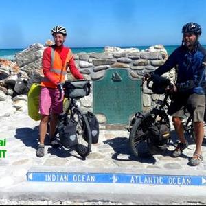 Scott Harvey and Sarah Tyler were very proud to be at the  most Southern point of Africa, Cape Aghulhas with their bicycles. 