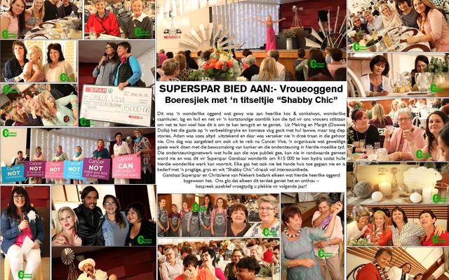 Dit was ‘n wonderlike oggend wat gewy was aan heerlike kos & vonkelwyn, wonderlike saamkuier, lag en huil en net vir ‘n kortstondige oomblik kon die tyd vir ons vrouens stilstaan om net te kon voel hoe dit is om te kan terugsit en te geniet.  Liz Meiring en Margit (Dowwe Dolla) het die gaste op ‘n verbeeldingryke en komiese vlug gesit met hul lawwe, maar tog diep stories. Adam was soos altyd  uitstekend en daar was verseker nie ‘n droë traan in die gehoor nie. Ons dag was aangebied om ook uit te reik na Cancer Vive, ‘n organisasie wat geweldige goeie werk doen met die bewusmaking van kanker en die ondersteuning in hierdie moeilike tyd.  Die ondersteuningsnetwerk wat hulle aan die wye publiek gee, kan nie in randwaarde gemeet word nie en was dit vir Superspar Gansbaai wonderlik om R15 000 te kon bydra sodat hulle hierdie wonderlike werk kan voortsit. Elke gas het ook nie leë hande huis toe gegaan nie en is bederf met ‘n pragtige, grys en wit “Shabby Chic”-drasak vol interessanthede.
