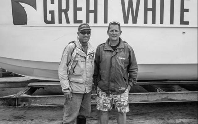 Frank  Rutzen  and Jurie Smal were more excited than the group of tourists when they saw the orcas at Joubert se Dam.