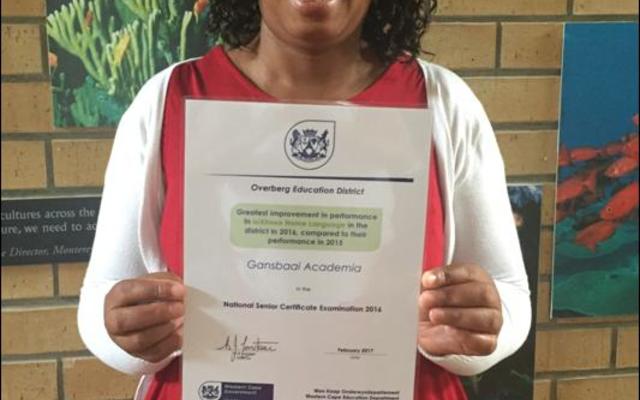 Olivia Nojozi, grade 12 educator in isiXhosa with the diploma: “Greatest improvement in performance in isiXhosa in the district in 2016, compared to their performance in 2015”.   