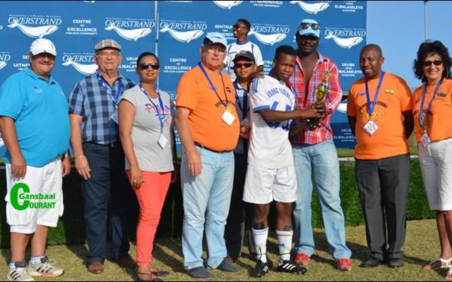 Celebrating the award for Best Soccer Player with Bongani Mngeni of Stanford Young Tigers (pictured centre) are (from left to right )Overstrand’s Area Manager Gansbaai, Francois Myburgh (affectionately known as Kat); Municipal Manager, Coenie Groenewald; Portfolio Head of LED and Tourism, Cllr Elnora Gillion;  Deputy Mayor, Ald Dudley Coetzee; Portfolio Head of Protection Services Cllr Arnie Africa; Manager Stanford Young Tigers, Ace Mngeni; Portfolio Head of Community Services, Cllr Andrew Komani and Portfolio Head of Management Services, Cllr Riana de Coning.