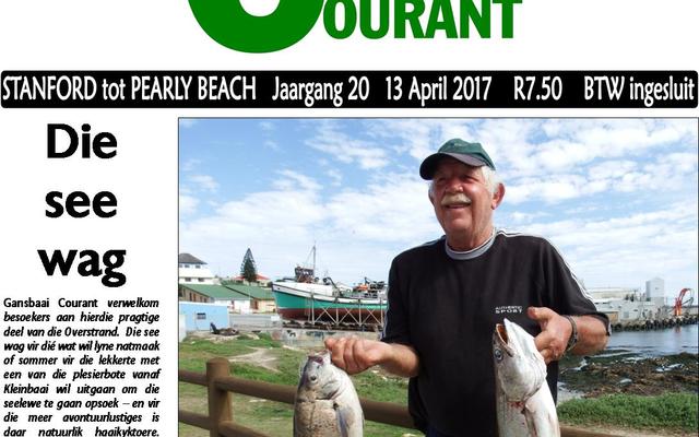 Gansbaai Courant verwelkom besoekers aan hierdie pragtige deel van die Overstrand.  Die see wag vir dié wat wil lyne natmaak of sommer vir die lekkerte met een van die plesierbote vanaf Kleinbaai wil uitgaan om die seelewe te gaan opsoek – en vir die meer avontuurlustiges is daar natuurlik haaikyktoere. Sampie Lauwrens (foto), ‘n nuwe klublid by Birkenhead Bootklub, het met sy eerste deelname aan ‘n klubkompetisie die swaarste vis vir die dag ingeweeg. Hier glimlag die afgetrede groenteboer met ‘n geelbek van 2.9kg en een van die hotnotvisse wat hy kant toe gebring het. 