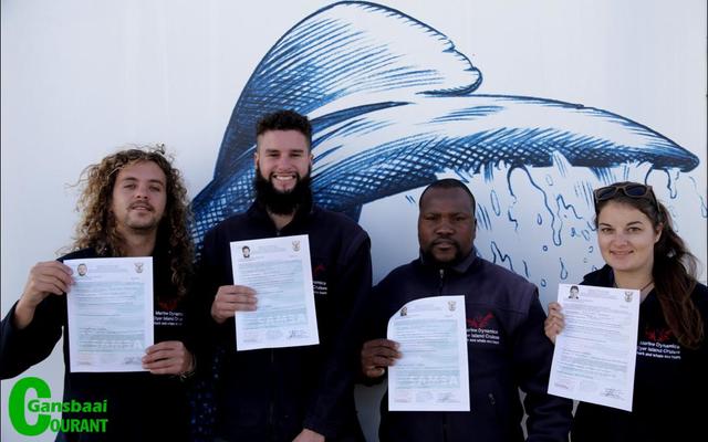Marine Dynamics is proud to have four new skippers on the team. All four passed their Day Skipper’s Category C vessel <9m rating for a distance of 15 nautical miles from shore.  The team includes the two co-coordinators from the International Marine Volunteer Programme. Photo - from left : Hennie Odendaal and Ettiene Roets; whale guide Kira Matiwane and Marine Biologist Sandra Hoerbst. 