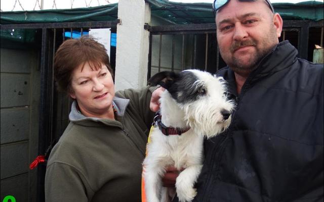 Selfs Carolyn Botha, bekende agter Gansbaai Apteek se toonbank, het op Mandeladag met BARC se honde gaan stap. Hier ontvang sy haar hond van Nols Jonas van BARC.