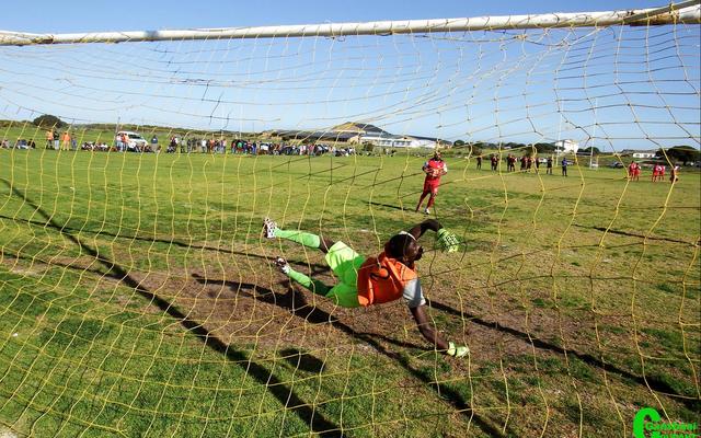 Penalty kicks: Themba Tshakazana (I&J Express FC) and at the back Luvo Magqazolo (Solyx United FC).
