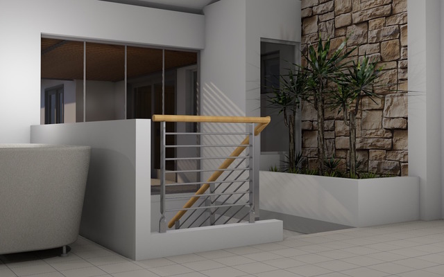 A new staircase to the existing garage and new front door below