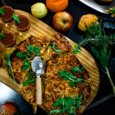 Homemade mozarella smoked baby tomato herbs pizza