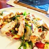 Grilled chicken, corn and blanched rock samphire salad