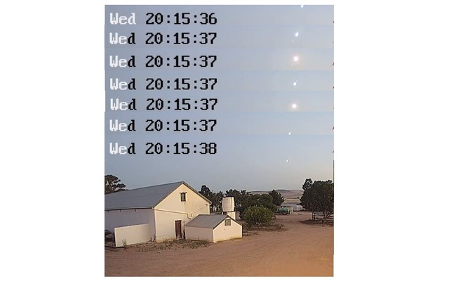 Fig 4.Sequence of frame grabs from Malmesbury video footage. Top frame is the first appearance of the bolide at upper right. The third and fifth frames show the two explosions. Last frame is immediately before the bolide ceases to be visible. In some frames at least three fragments are visible. Note total flight time in the Malmesbury video is just under 2 seconds, and the two explosions are separated by less than 1 second. 