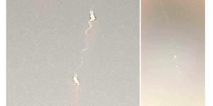 Fig 5.Images of persistent train from Site 42 (left by Riaan Potgieter) and 22 (right by Analise Kleyn). Notes the changed direction of the path as seen by the two observers from different locations. The two bright areas are the clouds left behind by the two explosions along the path. Note also the cork-screw appearance in Riaan’s image at left. Both images have been processed to enhance details. 