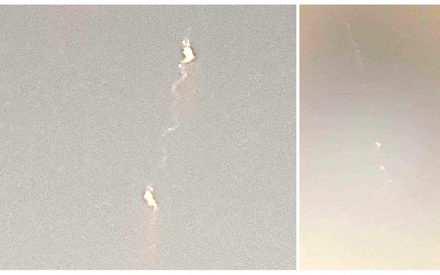 Fig 5.Images of persistent train from Site 42 (left by Riaan Potgieter) and 22 (right by Analise Kleyn). Notes the changed direction of the path as seen by the two observers from different locations. The two bright areas are the clouds left behind by the two explosions along the path. Note also the cork-screw appearance in Riaan’s image at left. Both images have been processed to enhance details. 