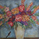 Blomme vir Karin, Still Life with a Bird, 82 x 82cm - Art by Annalene - Gansbaai