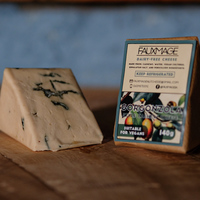 Our Gorgonzola-Style Cashew Cheese is marbled with blue veins of penicillium roqueforte, giving it that sharp, tangy flavour distinctive to blue cheeses