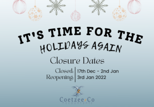 Closed 17 December 2021 to 2 January 2022