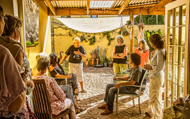Goldsmith Christine Farrington (UK) introducing Yvonne's jewellery to a selected audience in the courtyard of Studio98