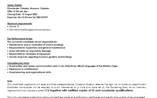 Job Listing - Caledon Museum - Xplorio™  Caledon