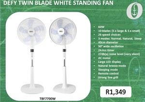 New: DEFY Twin Blade White Standing Fan